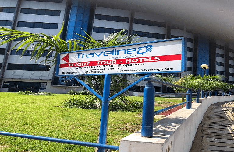 Traveline signage outside the SSNIT Emporium building, Airport City, Accra